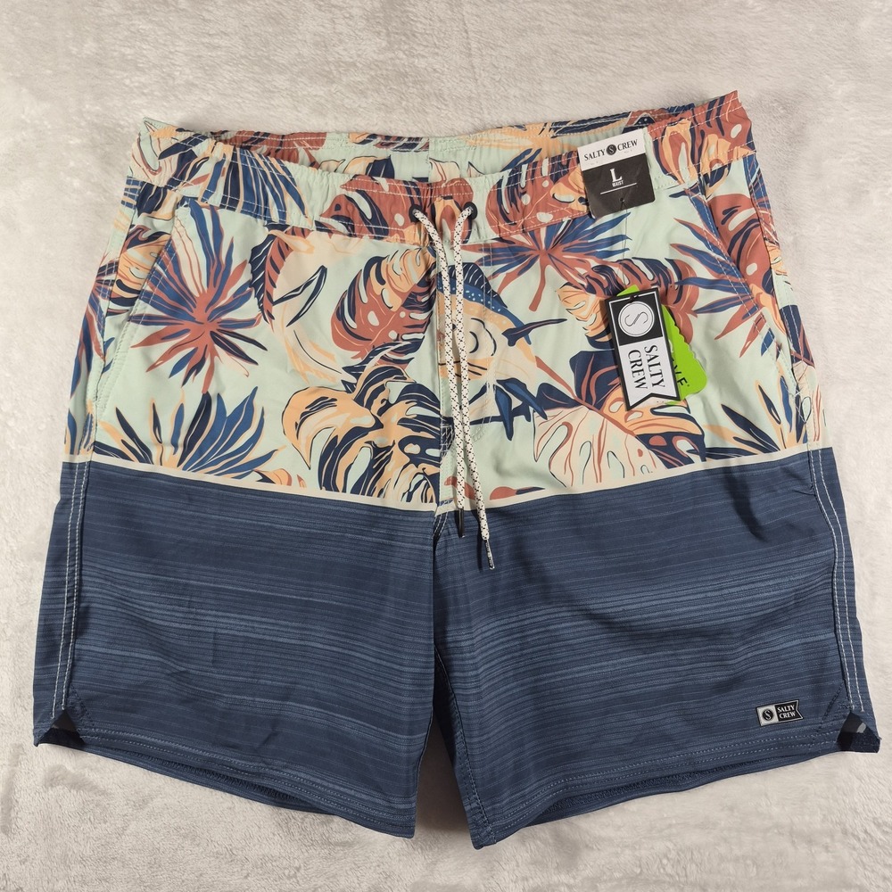 Salty Crew Tandem Elastic Board Shorts Men's Large Blue Leaf Floral Swim NWT